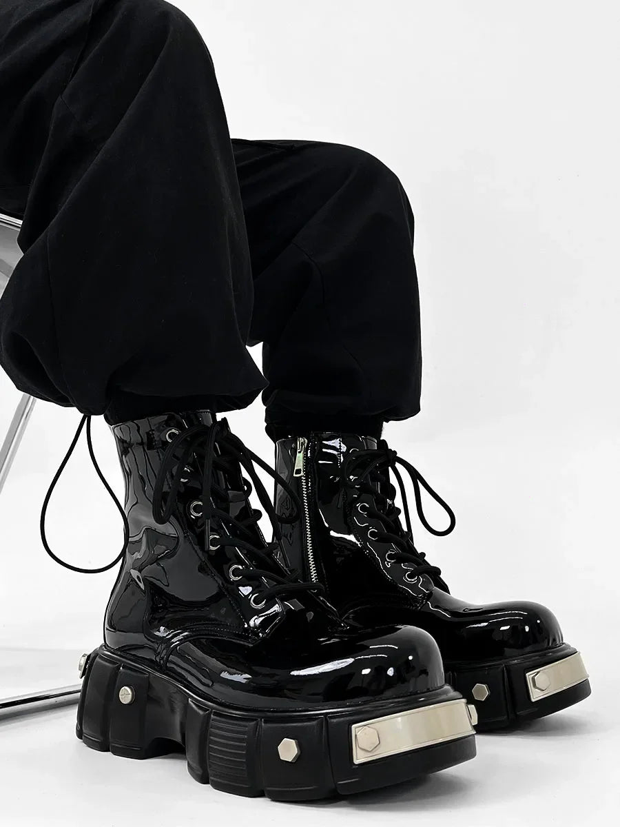 Bottes Moto Cuir Verni Noir Rivets Métal - Plateforme Punk Fermeture Éclair
