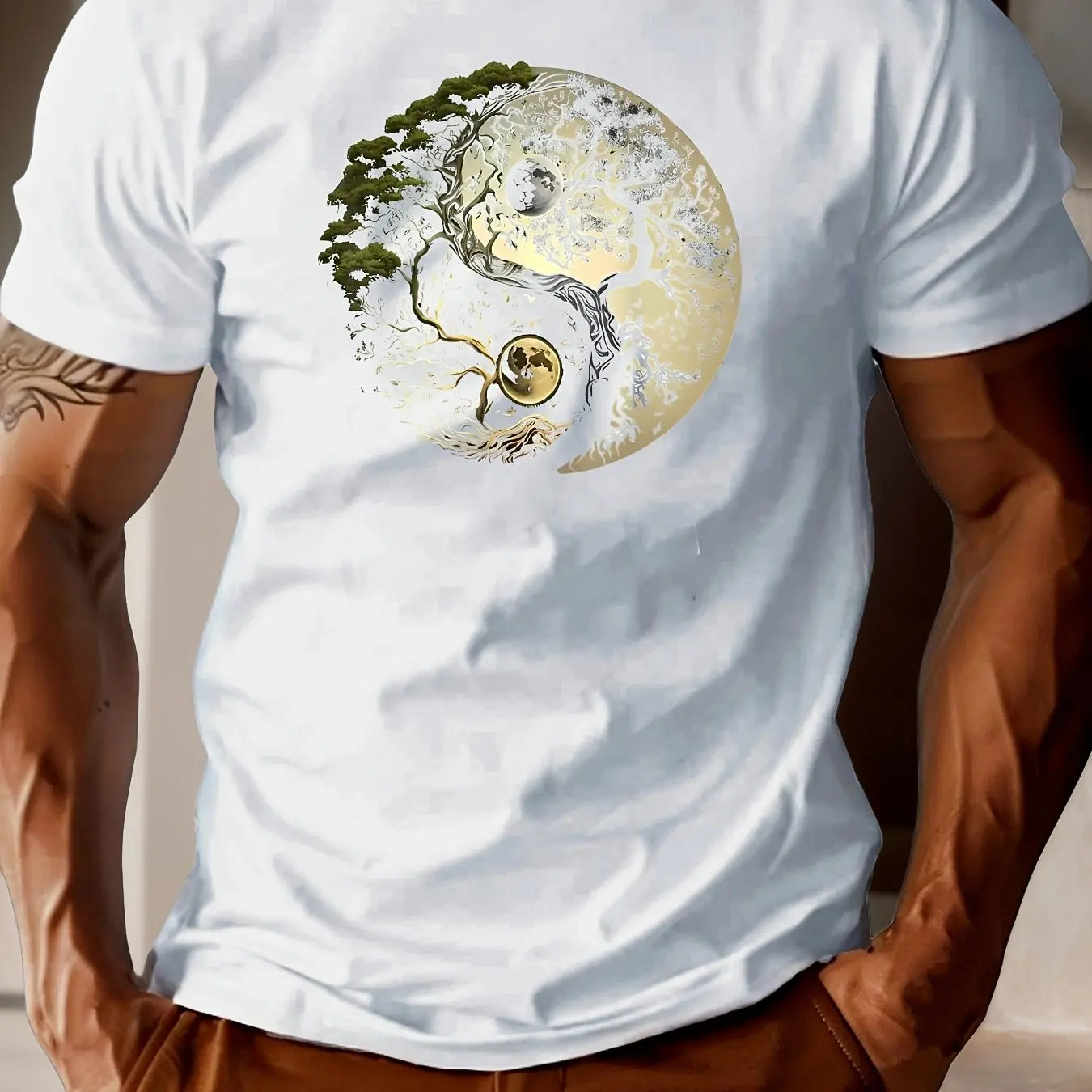 T-Shirt Homme 100% Coton Yin-Yang - Col Rond Ample Sport Décontracté Été