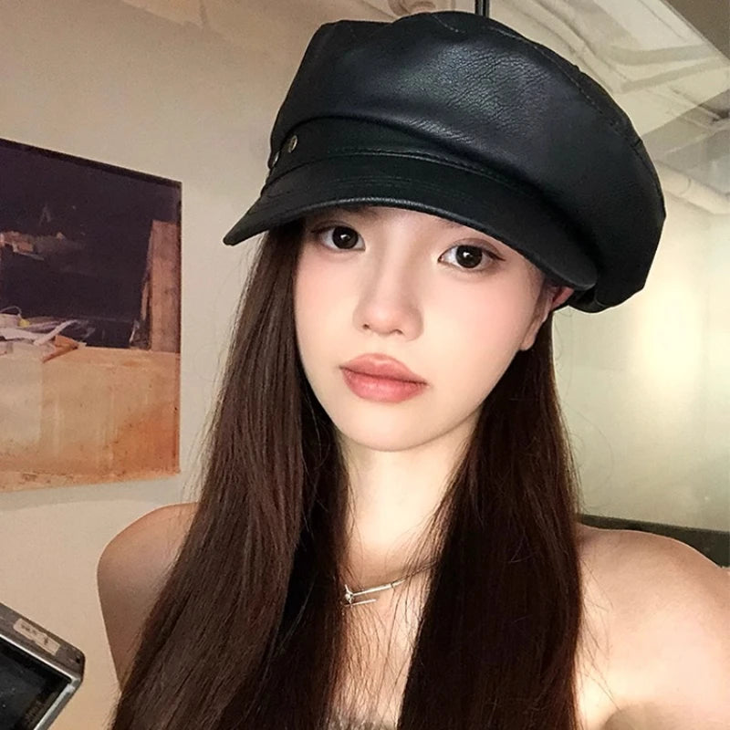 Béret Gavroche Noir PU Rétro Femme - Casquette Octogonale Automne Hiver