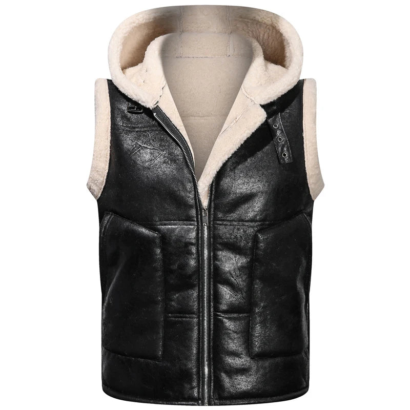Gilet Homme Cuir PU Fausse Fourrure - Motard Vintage Capuche Hiver