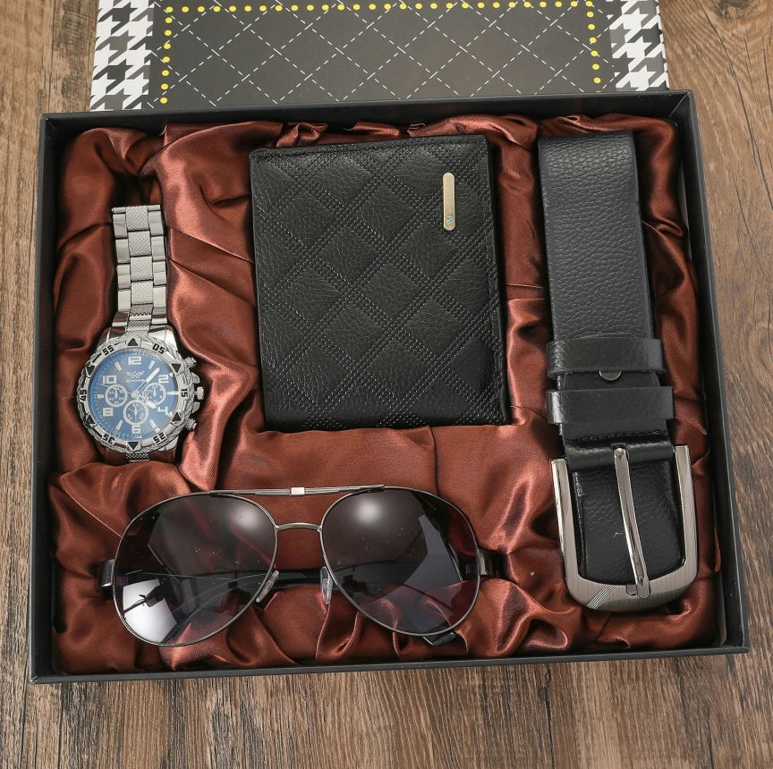 Ensemble Cadeau 6-en-1 Homme Luxe - Montre Lunettes Stylo Ceinture Porte-Clés