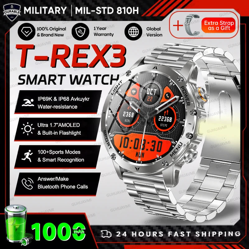 2025 extérieur nouveau 1000mAh batterie t-rex 3 qualité militaire montre intelligente hommes IP69K étanche GPS HD Bluetooth appel 100 + montre de sport