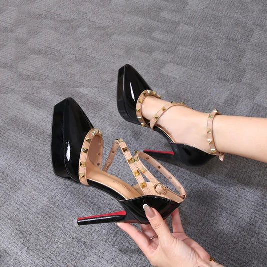Sandales Plateforme Cuir Laqué Femme - Talons Hauts 10-12cm Luxe Rivets
