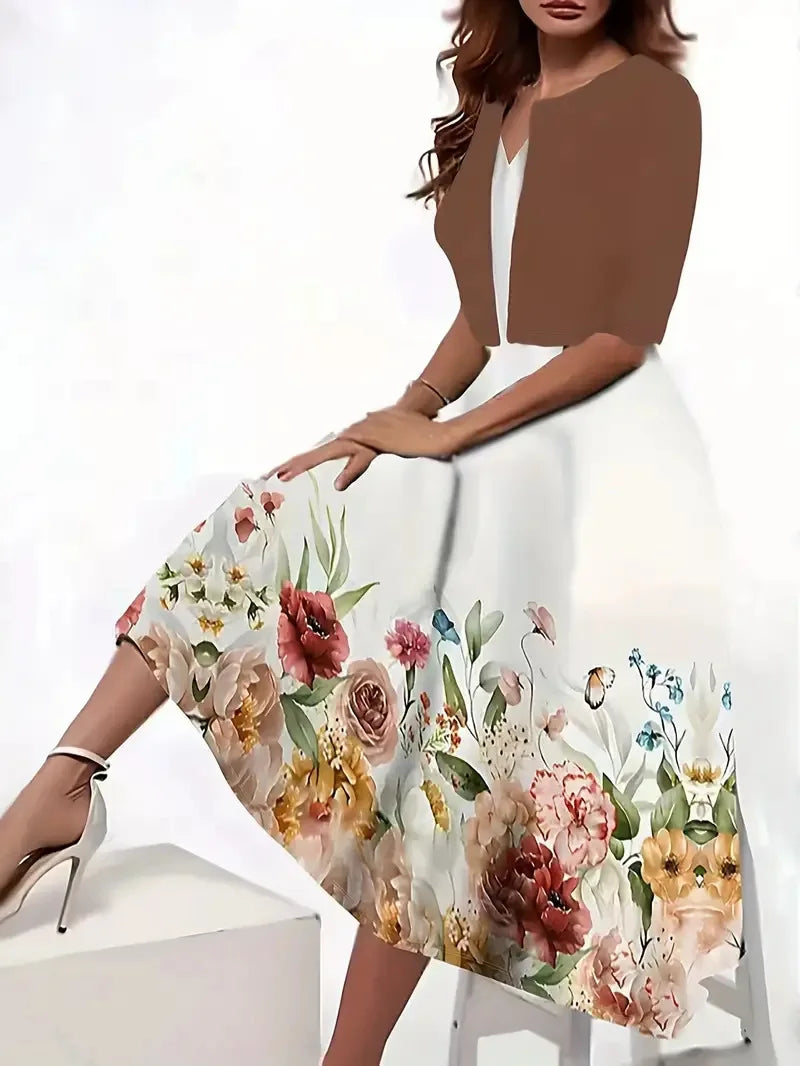 Robe 2 Pièces Femme - Robe Longue Imprimé Floral Herbe avec Manteau Court