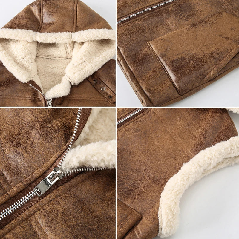 Gilet Homme Cuir PU Fausse Fourrure - Motard Vintage Capuche Hiver