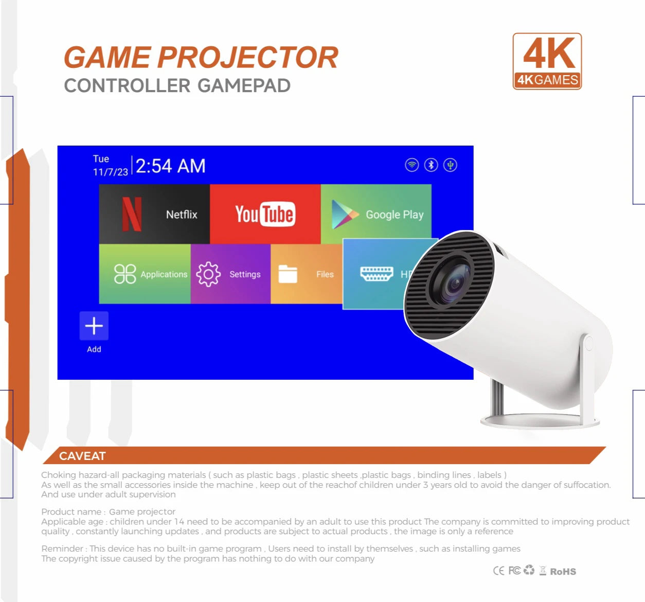 Projecteur Gaming F300 2-en-1 4K Android 11 - Contrôleur Jeu Intégré