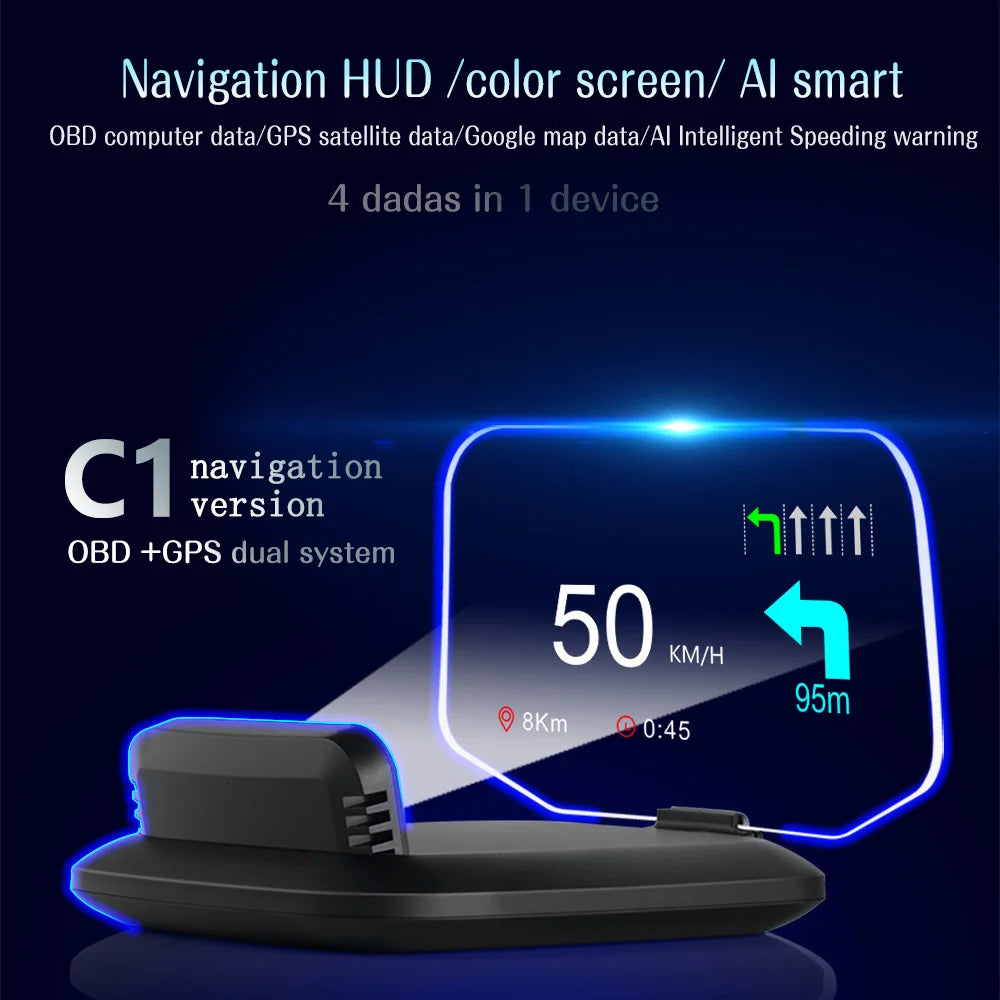 Affichage Tête Haute HUD C1 OBD2 - GPS Navigation Vitesse Digitale Alarme Plug & Play