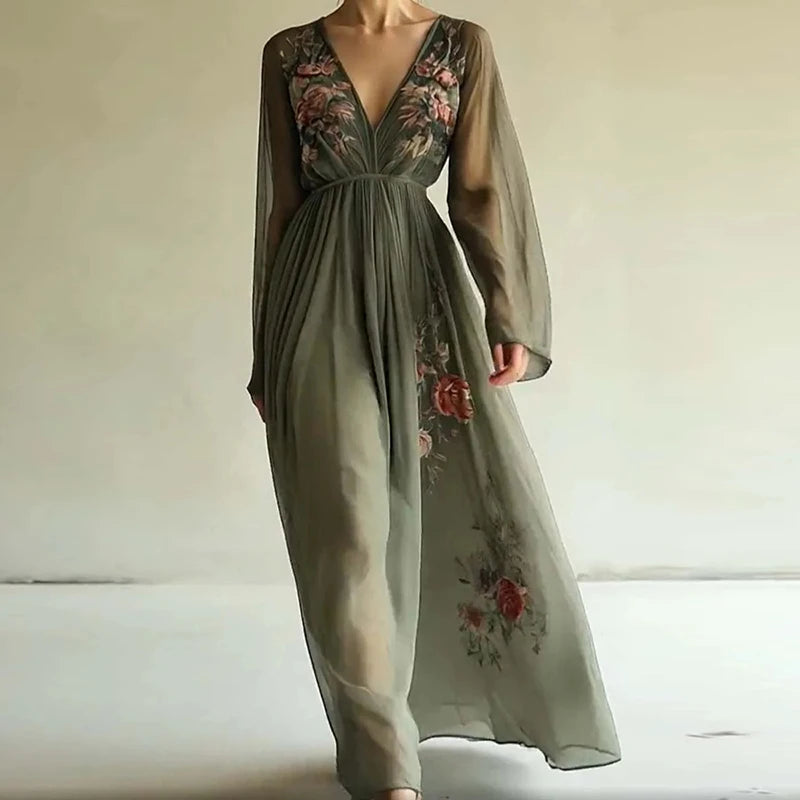 Robe Soirée Femme Floral Boho - Col V Taille Haute Manches Longues Printemps