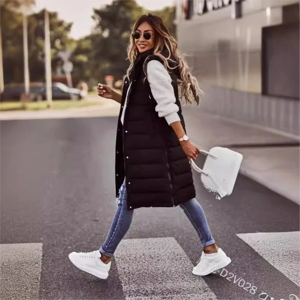 Gilet Femme à Capuche Coton Rembourré - Cardigan Mi-Long Hiver Ajusté