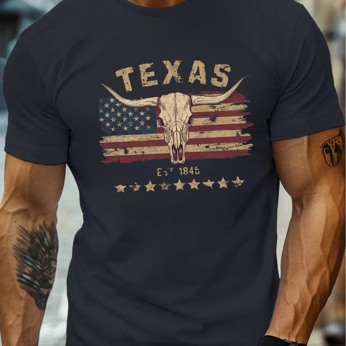 T-Shirt Homme 100% Coton Texas Longhorn - Col Rond Ample Crâne Vache Été