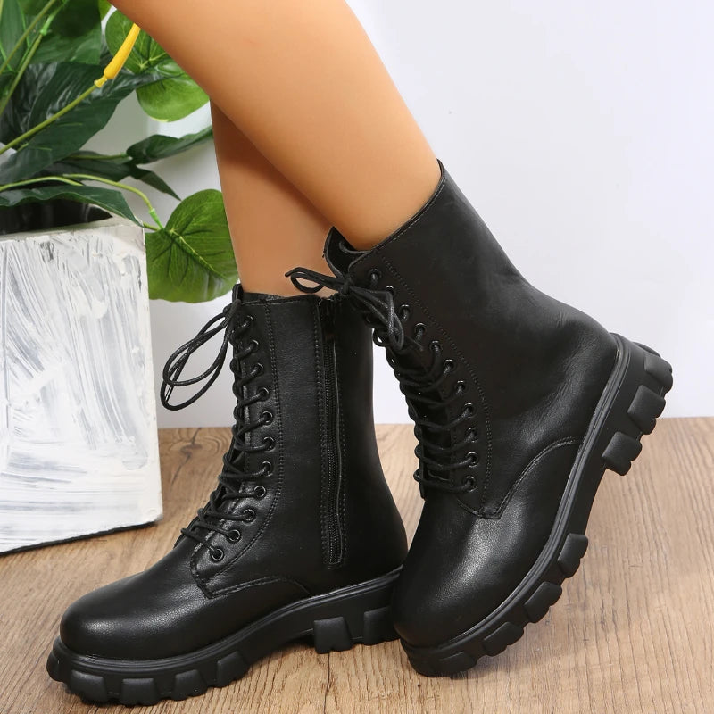 Bottes à plateforme en cuir PU pour femmes, bottes de rinçage blanches, bottes de moto pour femmes, talons épais, automne, hiver, 2022