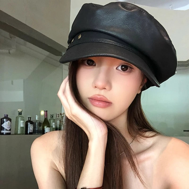 Béret Gavroche Noir PU Rétro Femme - Casquette Octogonale Automne Hiver