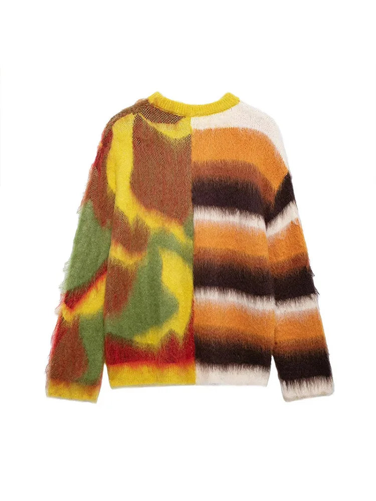 Pull Mohair Carreaux Femme - Cardigan Col Rond Manches Longues Boutonnage Automne