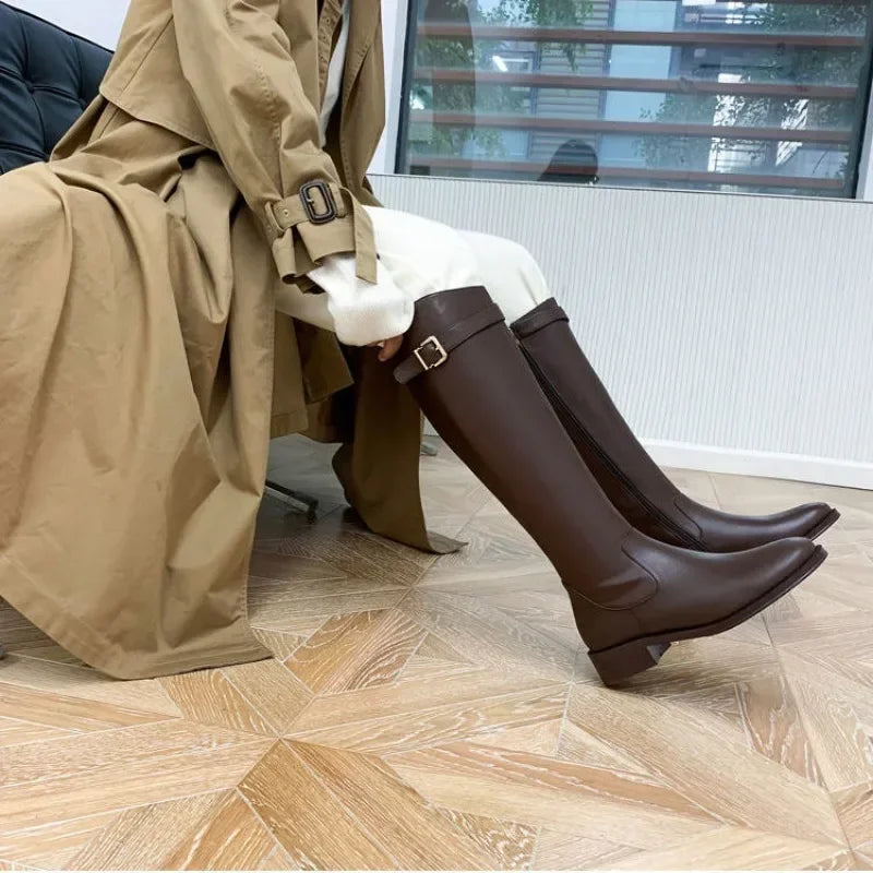 Noir élégant avec talons bas chaussures pour femme longue marron femmes bottes hiver genou haut arbre élégant dernier prix Goth