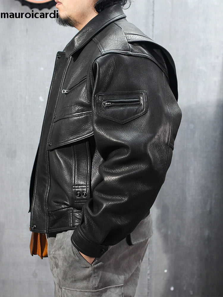 Veste Moto Cuir PU Homme Mauroicardi - Manches Longues Noir Cool Luxe Designer