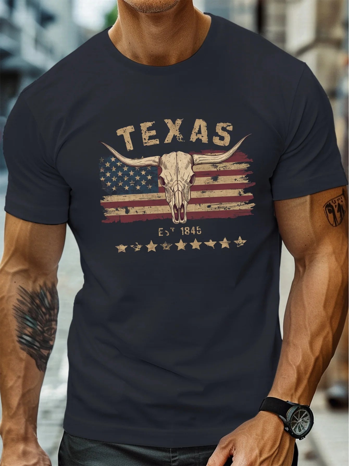 T-Shirt Homme 100% Coton Texas Longhorn - Col Rond Ample Crâne Vache Été