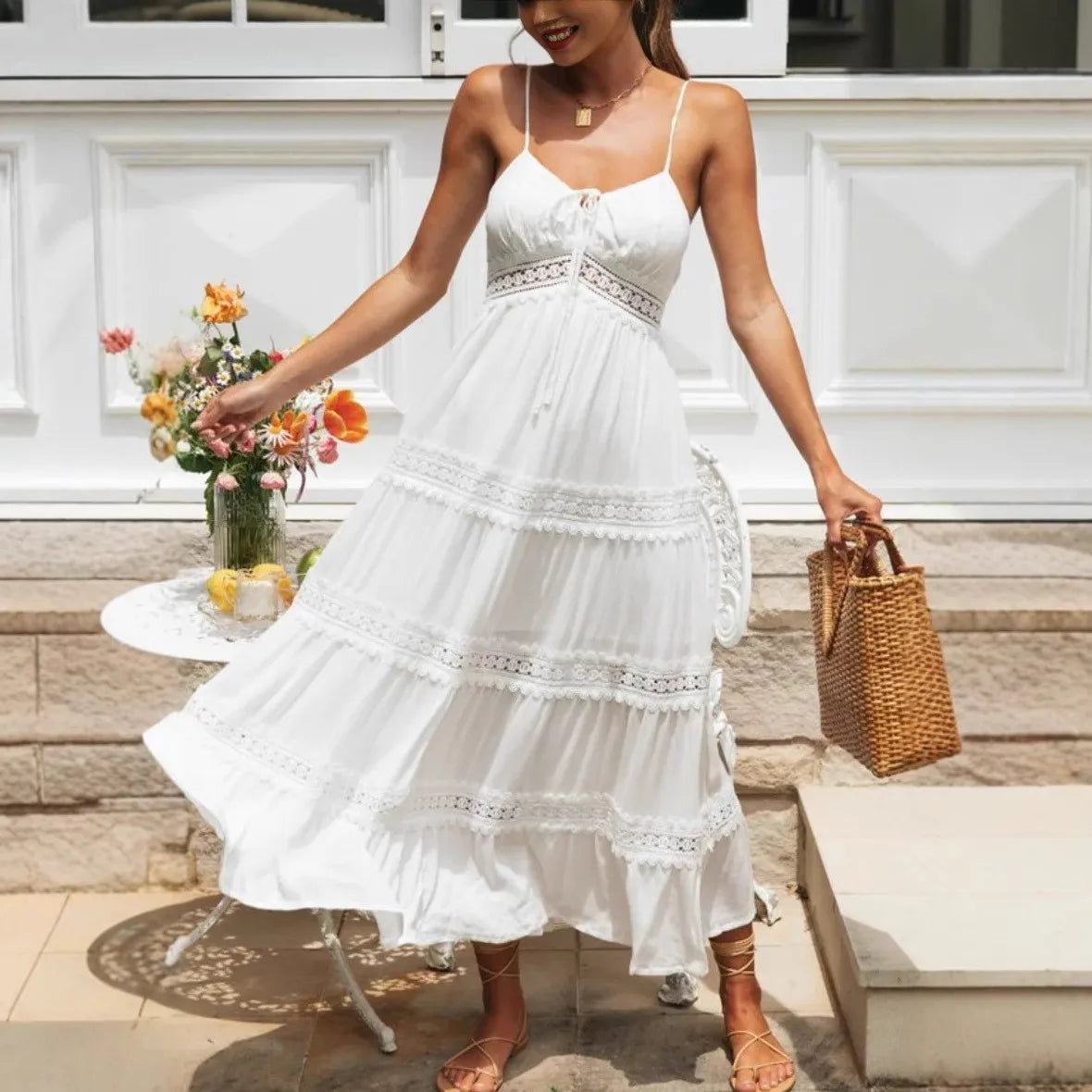 Robe Maxi Dentelle Blanche Boho - Col V Sans Bretelles Plage Soirée