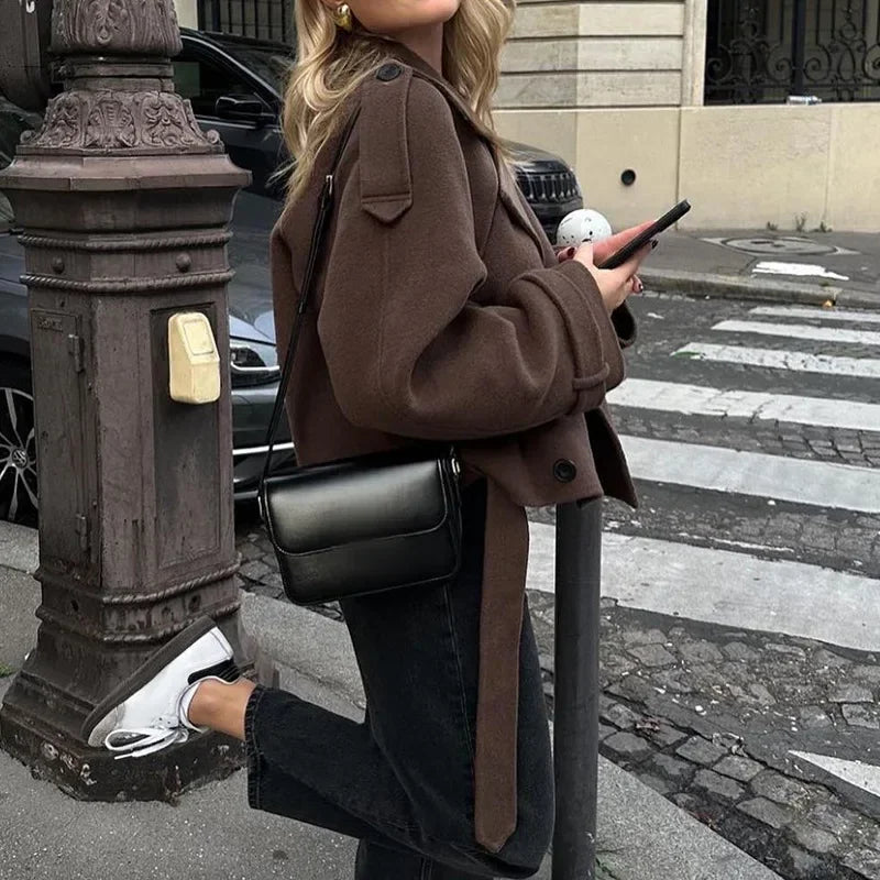 Manteau Femme Laine Revers Court - Ceinture Mode Printemps