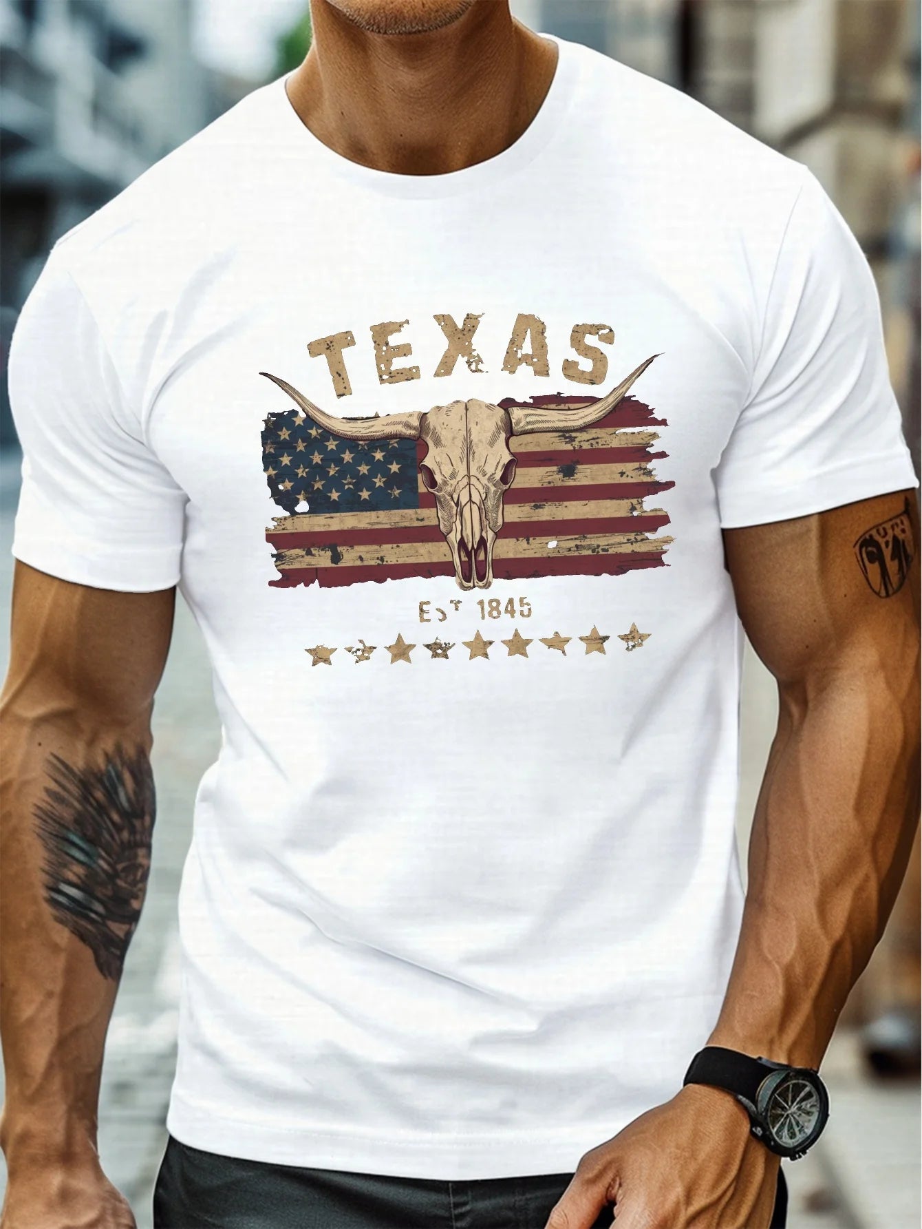 T-Shirt Homme 100% Coton Texas Longhorn - Col Rond Ample Crâne Vache Été