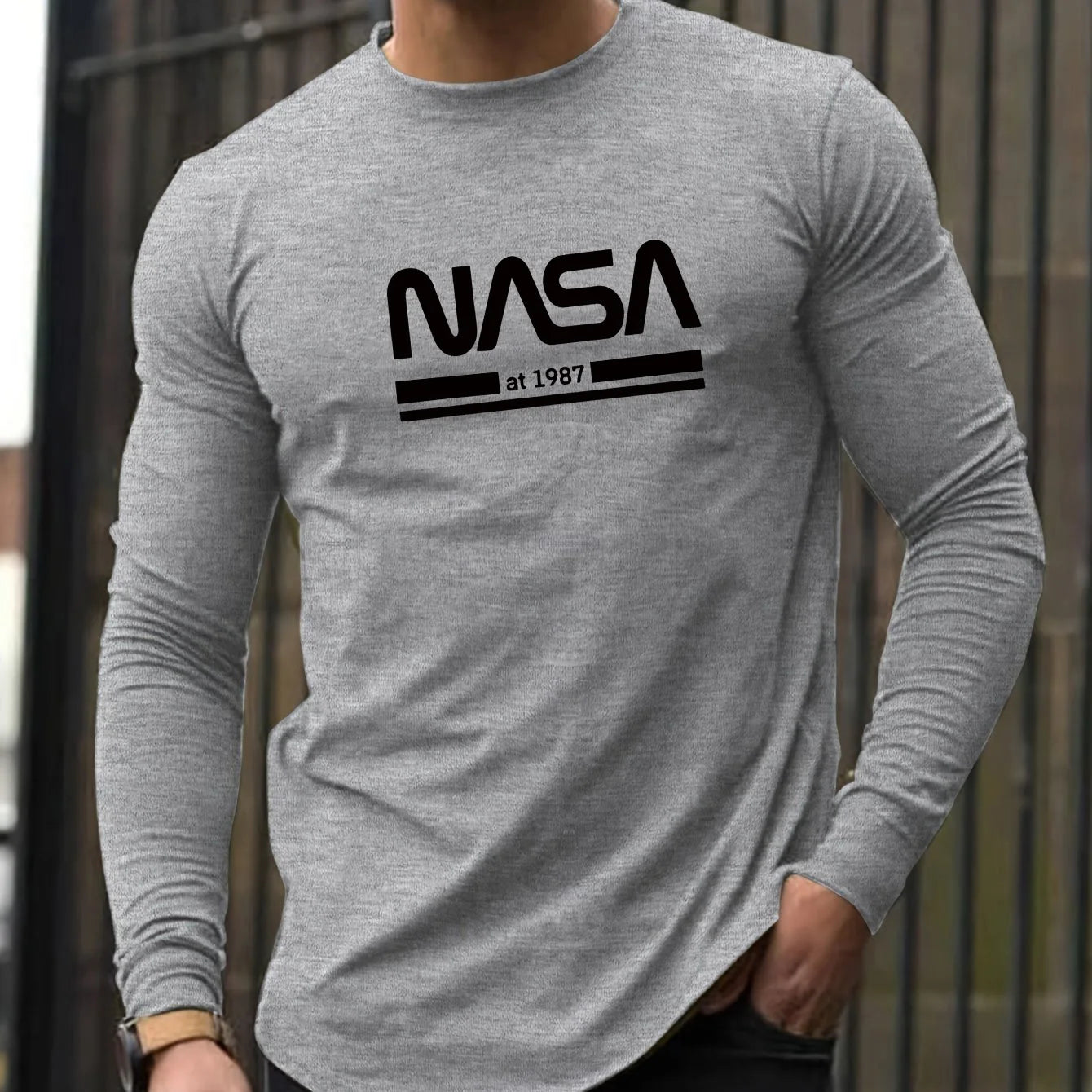 T-Shirt Homme NASA Manches Longues - 100% Coton Col Rond Ample Décontracté