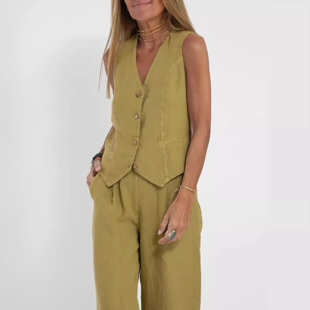 Ensemble Femme Gilet Pantalon Sans Manches - Costume Décontracté Printemps Été