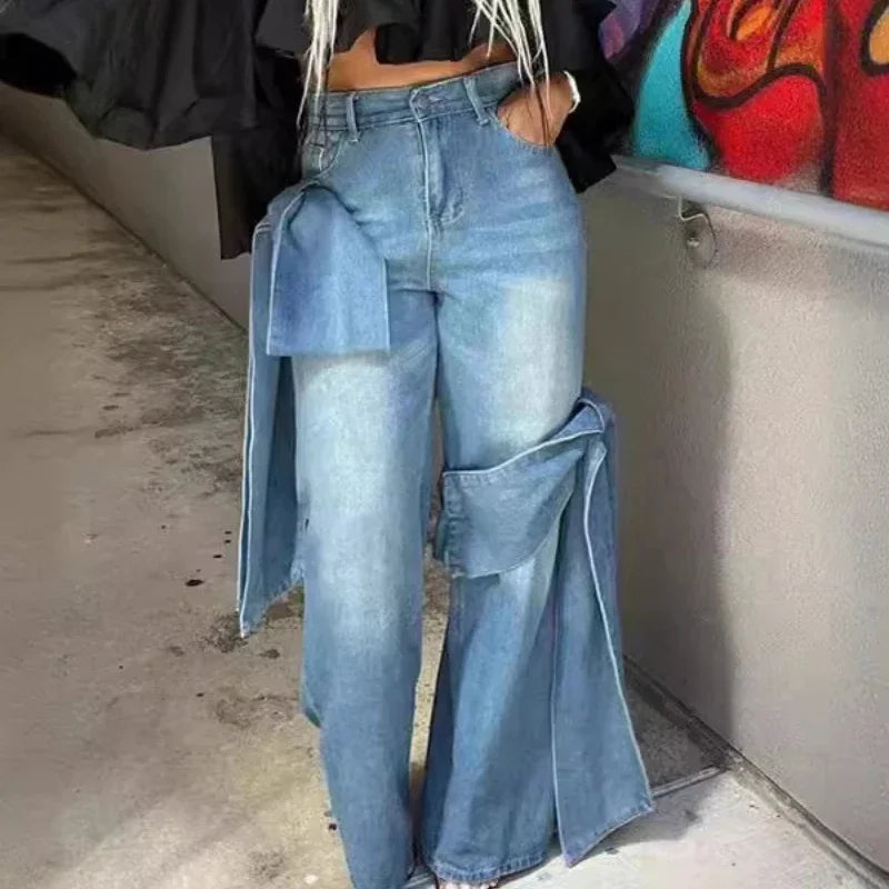 Jean Femme Y2K Streetwear Nœud - Jambe Large Élégant