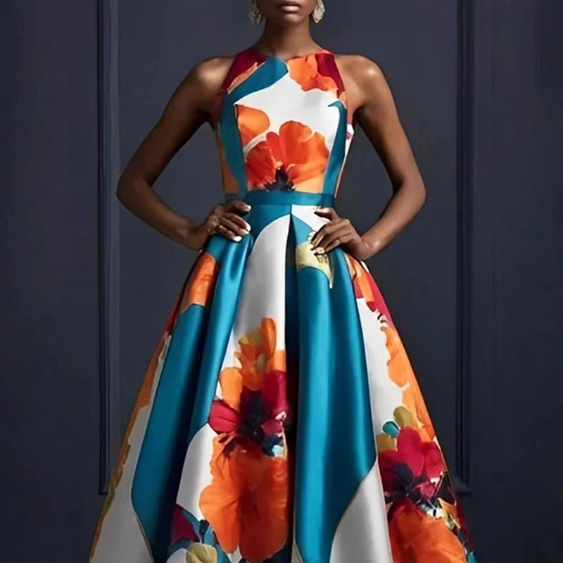 Robe longue élégante, col rond, taille haute, pour femmes, imprimé Floral, ourlet, robe de soirée, été, sans manches, style Boho, Maxi, printemps