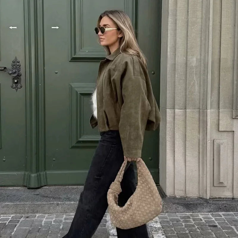 Veste Bombardier Femme Vintage - Manteau Col Rabattu Ample Chic