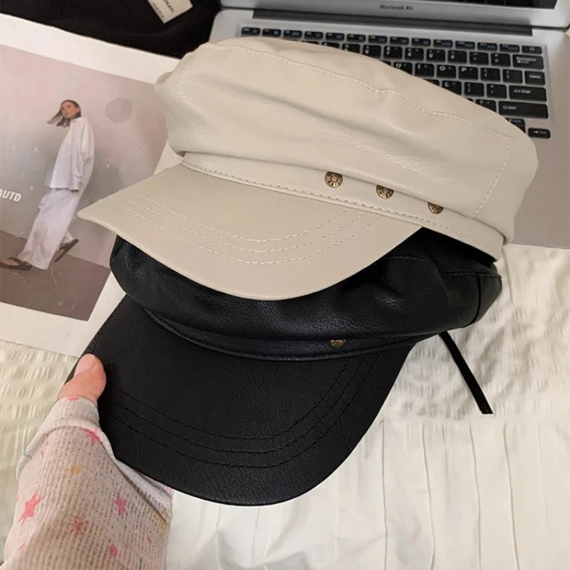 Béret Gavroche Noir PU Rétro Femme - Casquette Octogonale Automne Hiver