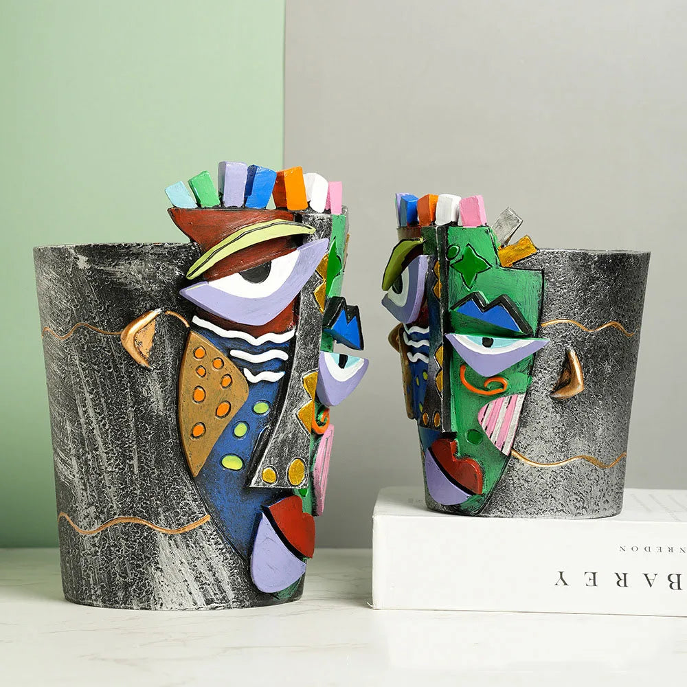 Vase Décoratif Visage Abstrait Coloré - Pot Fleur Art Créatif Maison Bureau