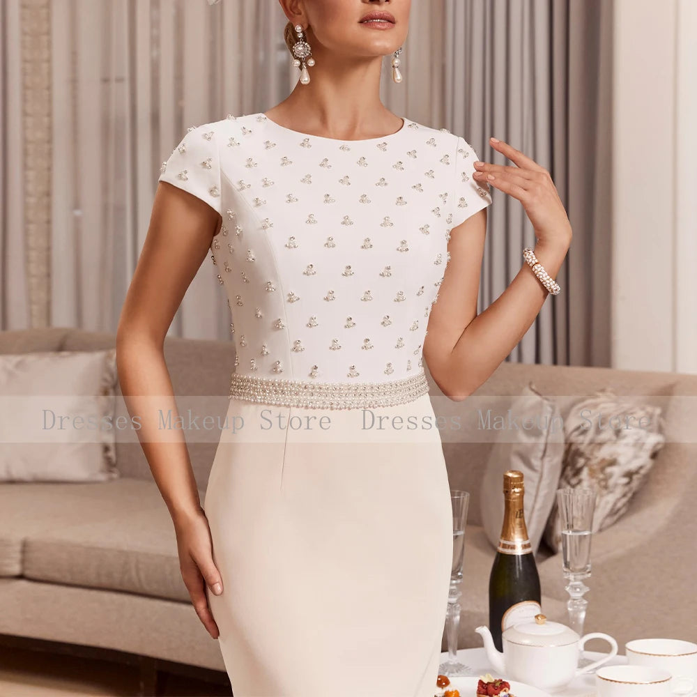 Robe Mère Mariée Élégante Perles - Gaine Colonne Mi-Longue Manches Cape