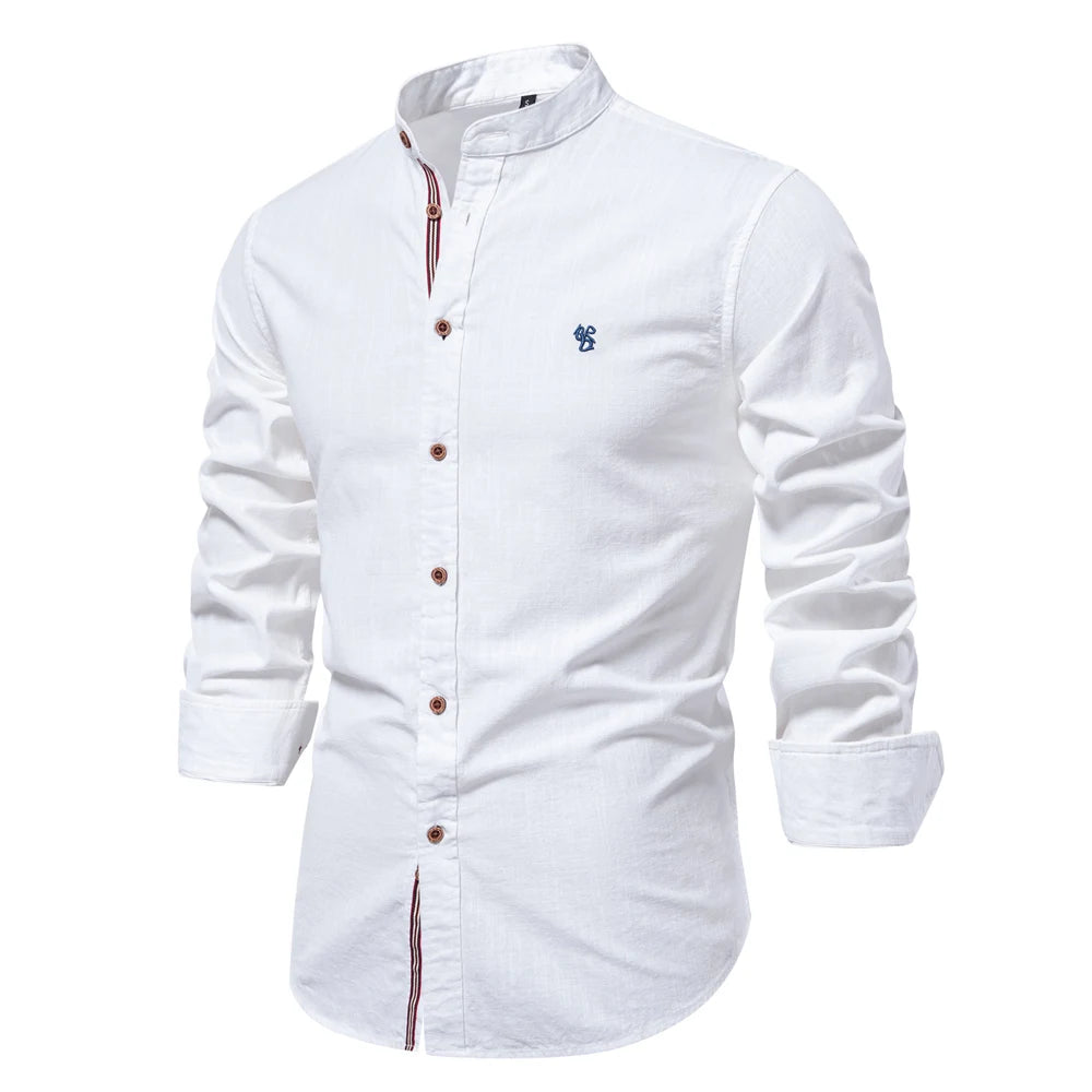 Chemise Homme 100% Coton AIOPESON - Couleur Unie Manches Longues Col Stand Décontracté Qualité