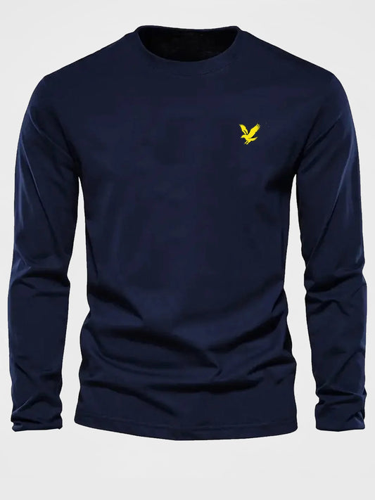 T-Shirt Homme Col Rond Aigle Imprimé - 100% Pur Coton Manches Longues Coupe Ample Sport Décontracté