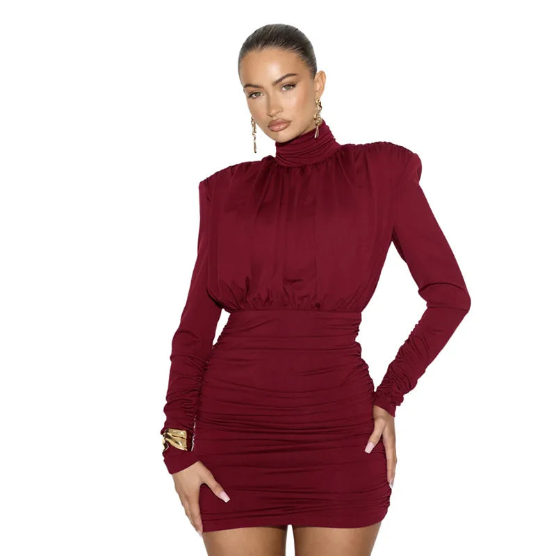 Robe Femme Col Haut Plissée Slim - Portefeuille Hanches Automne Hiver