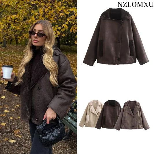 Veste Femme Peluche Synthétique Laine - Manteau Chaud Automne Hiver