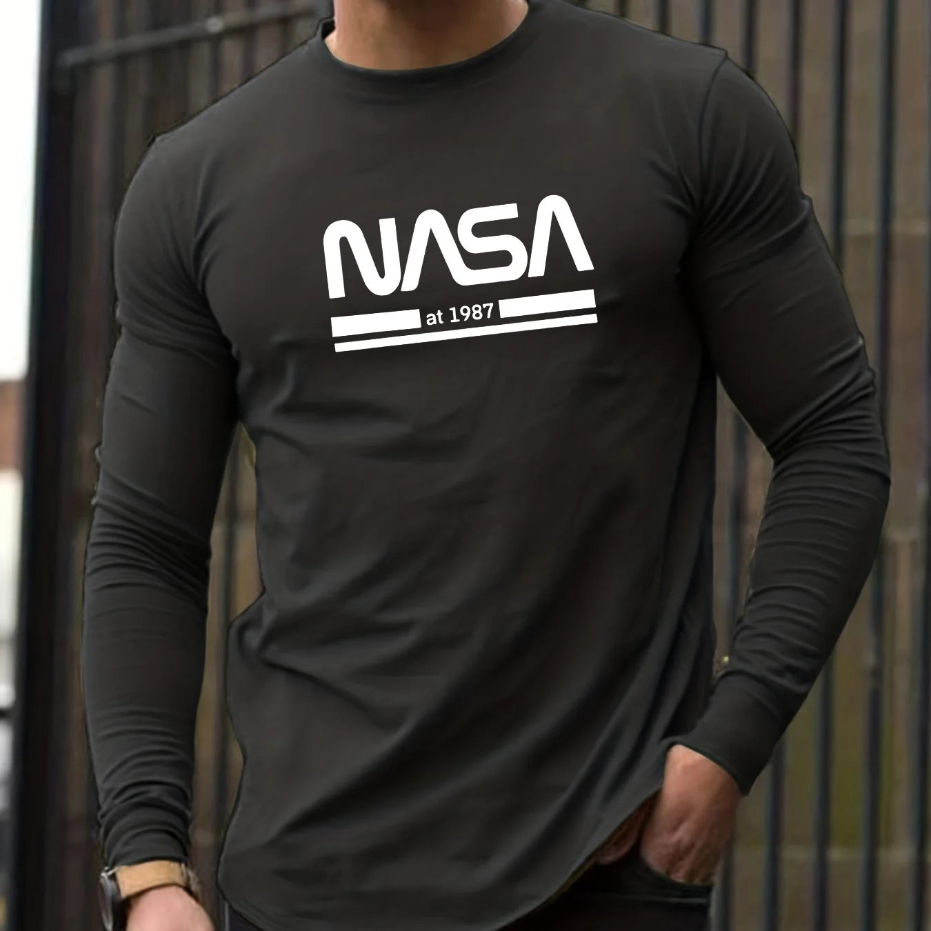 T-Shirt Homme NASA Manches Longues - 100% Coton Col Rond Ample Décontracté