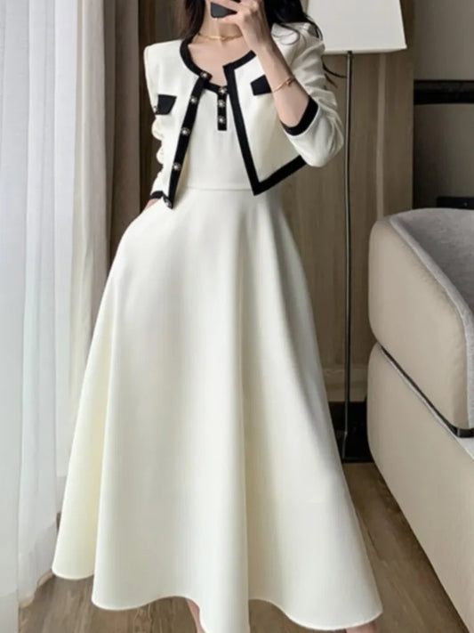 Ensemble 2 Pièces Femme - Manteau Court Robe Camisole Midi Ligne A Printemps Coréen