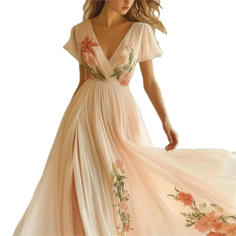 Robe Été Femme Floral Boho - Col V Taille Haute Manches Courtes Vacances