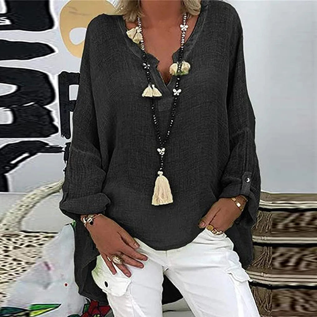 Chemise Lin Femme Grande Taille Col V - T-shirt Manches Courtes Ample Été