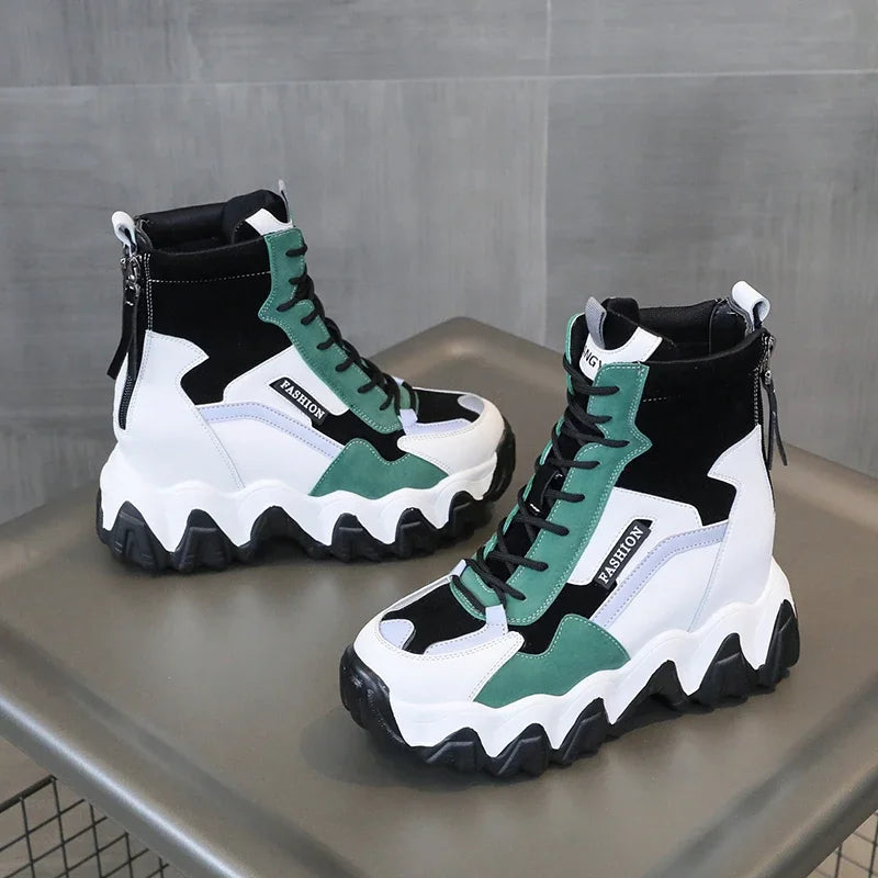 Bottes Compensées Plateforme Luxe Femme - Baskets Talons 8cm Printemps