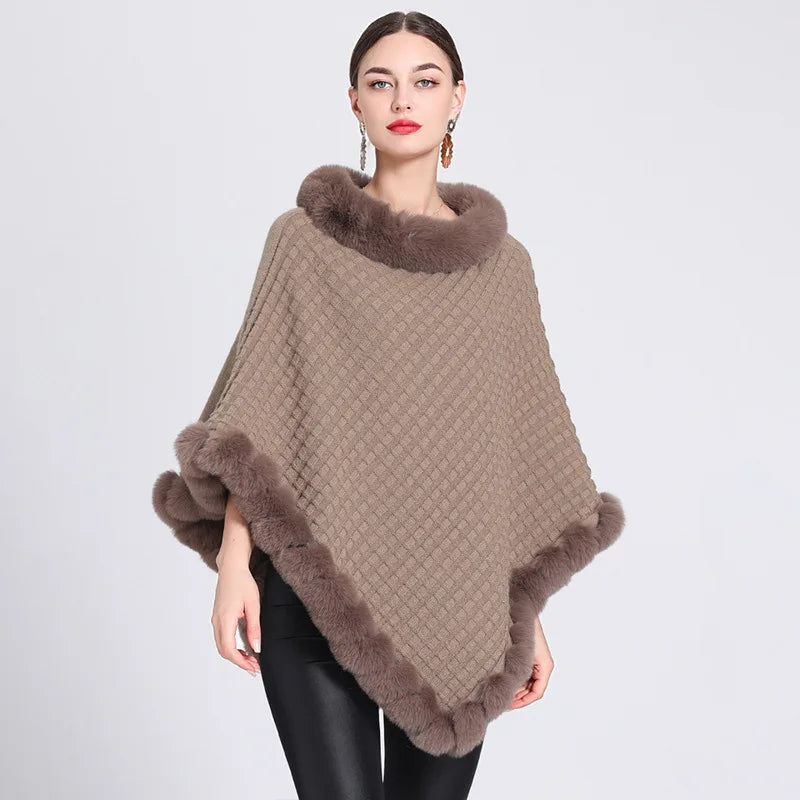 Cape Poncho Fausse Fourrure Femme - Pull Plaid Rayures Tricot Automne Hiver