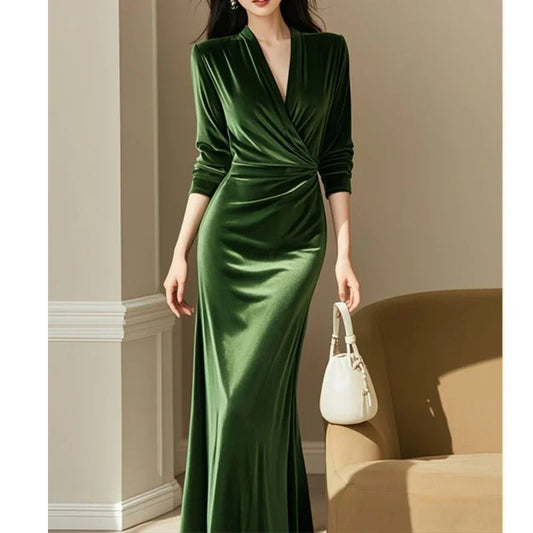 Robe Femme Verte Col V Vintage - Manches Longues Slim Printemps Automne