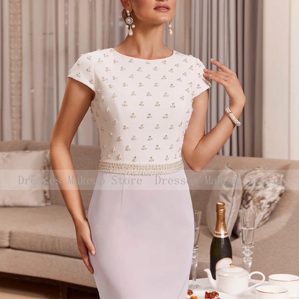 Robe Mère Mariée Élégante Perles - Gaine Colonne Mi-Longue Manches Cape