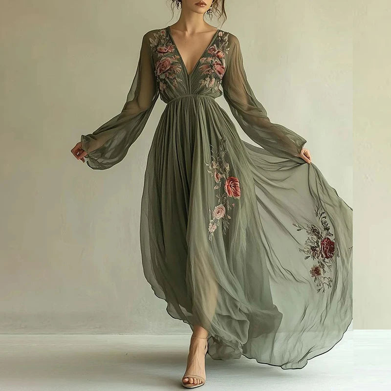 Robe Soirée Femme Floral Boho - Col V Taille Haute Manches Longues Printemps