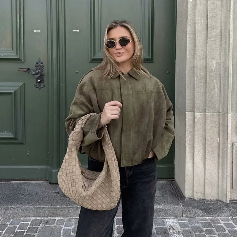 Veste Bombardier Femme Vintage - Manteau Col Rabattu Ample Chic