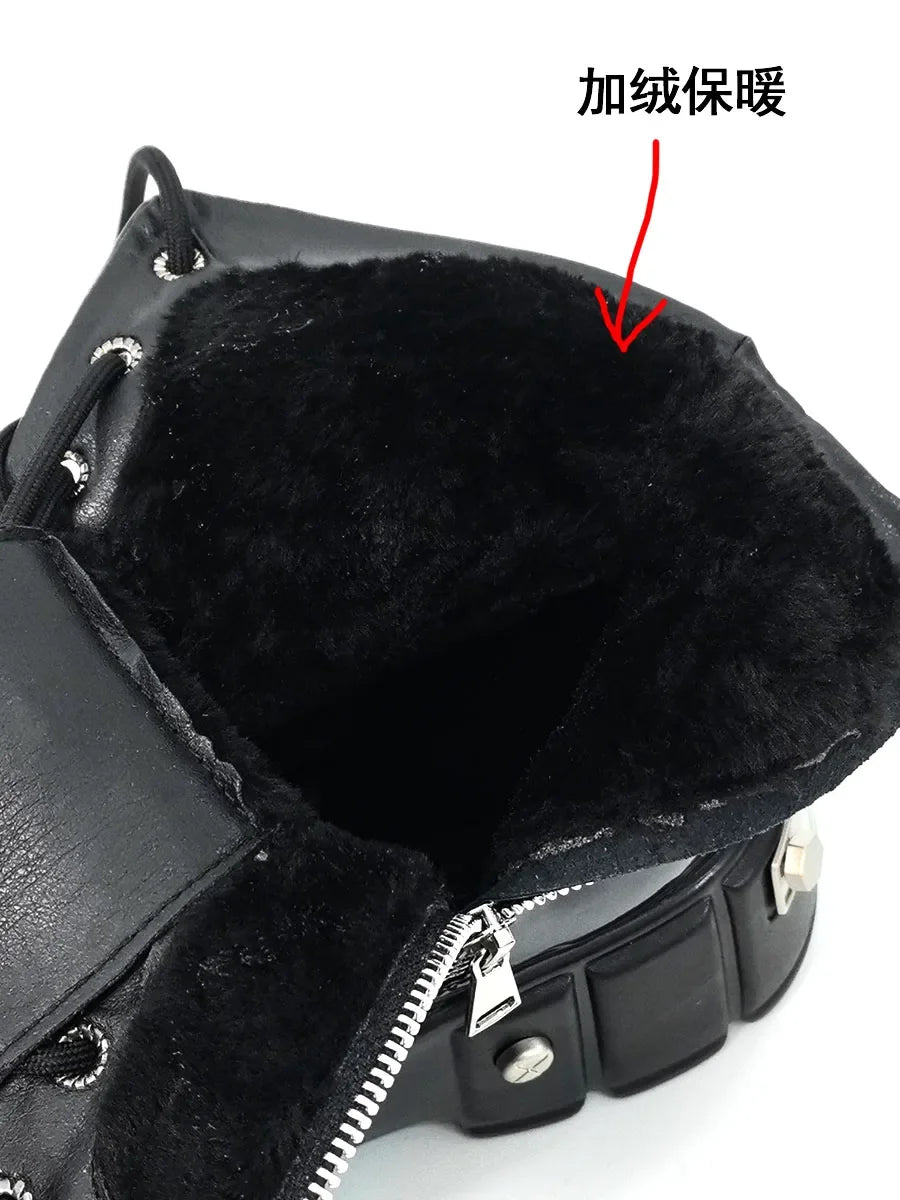 Bottes Moto Cuir Verni Noir Rivets Métal - Plateforme Punk Fermeture Éclair