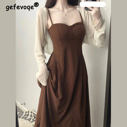 Robe de soirée mi-longue pour femmes, ensemble deux pièces, Vintage, français, élégante, coréenne, Sexy, bretelles, dos nu, été, automne, 2022