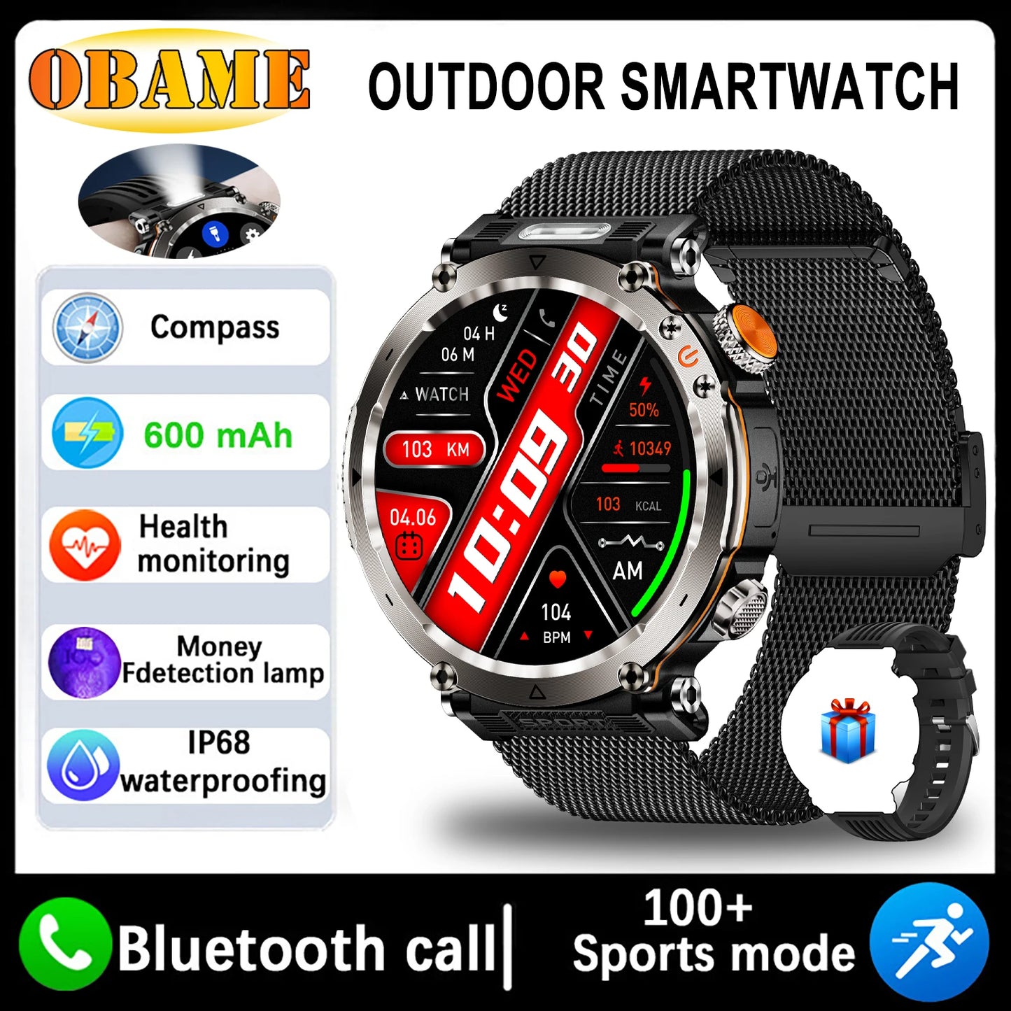 Montre Intelligente Outdoor 5ATM - Écran 1.9" Lampe LED Boussole Étanche