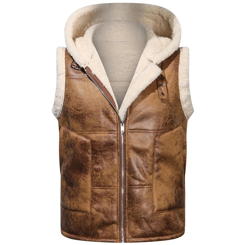 Gilet Homme Cuir PU Fausse Fourrure - Motard Vintage Capuche Hiver