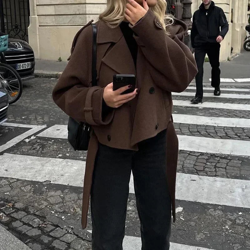 Manteau Femme Laine Revers Court - Ceinture Mode Printemps